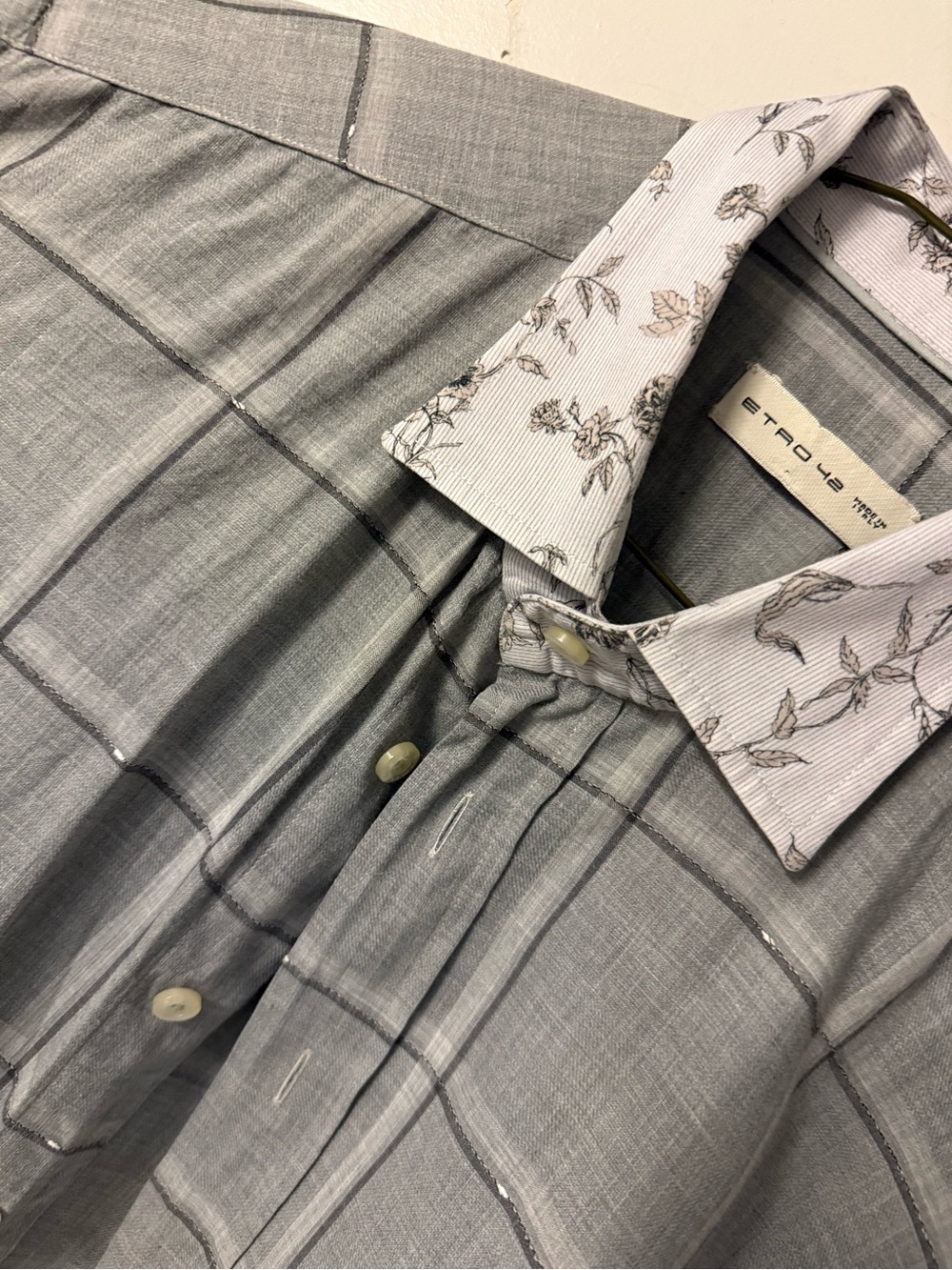 Etro Men's Gray Windowpane Shirt with Floral Contrast Collar
